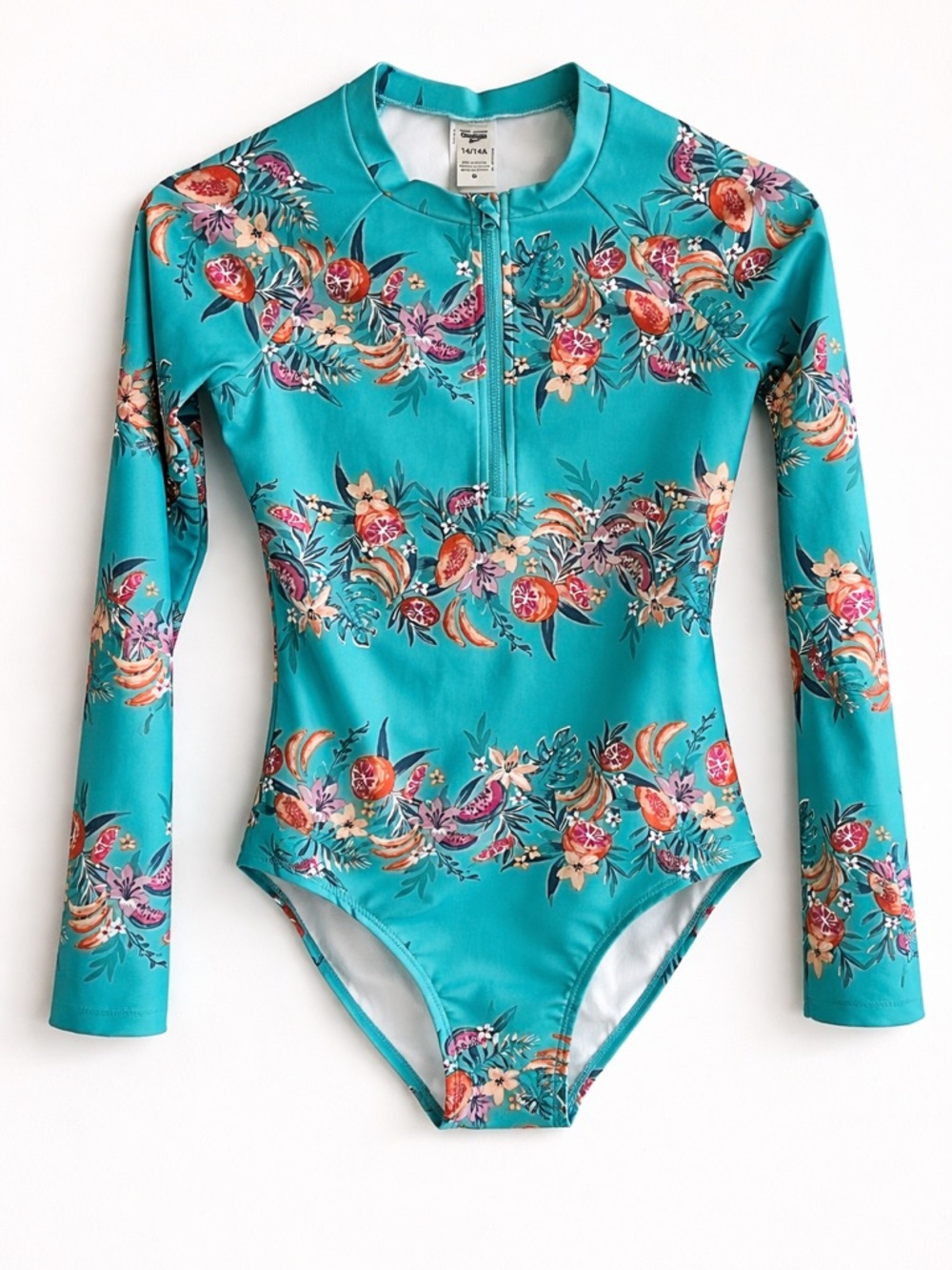 OSH KOSH Girls Tropical Long Sleeve Rash Guard Swimsuit Size 14 Teal Zip